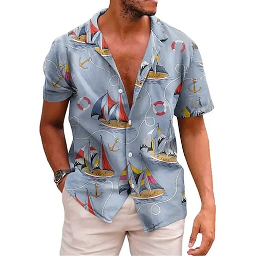 

Men's Shirt Summer Hawaiian Shirt Graphic Prints Sailboat Cuban Collar Navy Blue Blue Outdoor Casual Short Sleeve Print Clothing Apparel Sports Fashion Streetwear Designer