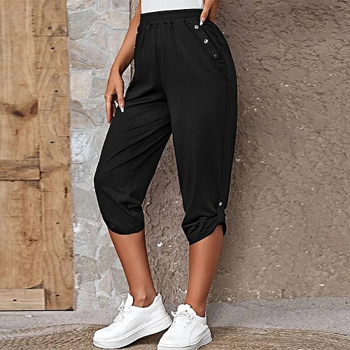 

Women's Capri shorts Polyester Plain Black Wine Fashion Calf-Length Casual Daily