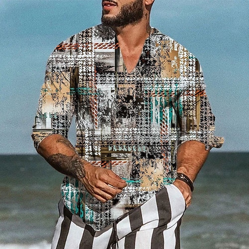 

Hombre camisa de lino Camisa Estampados Cosecha Geometría Escote en Pico Negro Exterior Calle Manga Larga Estampado Ropa Lino Moda Design Casual Suave