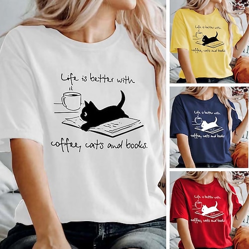 

Dame T-shirt Sort Hvid Gul Kat Trykt mønster Kortærmet Afslappet Weekend Basale Rund hals Normal Bomuld Life Is Better With Coffee Cats And Books Kat Maleri S