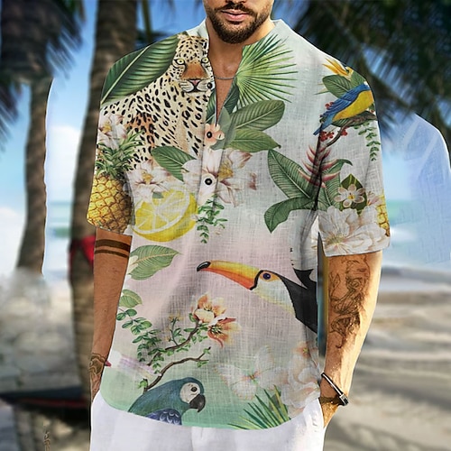 

Hombre Camisa camisa de lino Floral Estampados Loro Escote Chino Verde Trébol Exterior Calle Manga Larga Estampado Ropa Lino Moda Ropa de calle Design Casual