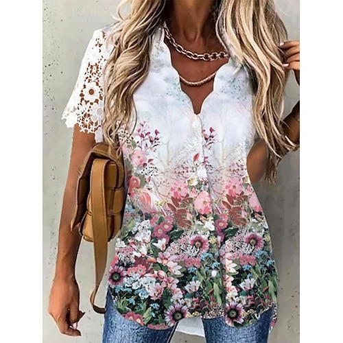 

Mujer Camisa Blusa Blanco Rosa Floral Encaje Botón Manga Corta Casual Festivos Básico Escote en Pico Regular Flor S