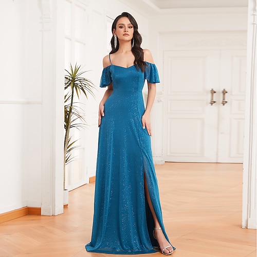 

ny off shoulder a-linje sidedelt sparkle chiffon brudepikekjole justerbar spaghetti stropp volang plus size aftenkjole