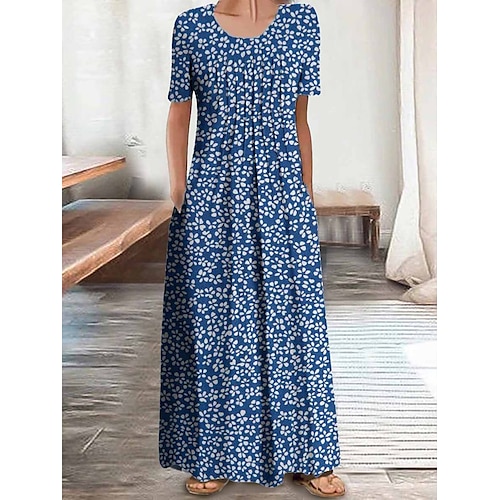 

Per donna Abito lungo Abito lungo Abito casual Abito linea A Abito stampato Floreale Romantico Moderno Per eventi Spiaggia Fine settimana Increspato Tasche Manica corta Girocollo Vestito Standard Blu