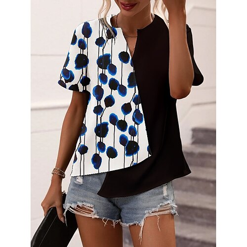 

Women's Shirt Blouse Black Pink Navy Blue Floral Asymmetric Print Short Sleeve Casual Holiday Basic V Neck Regular Floral S