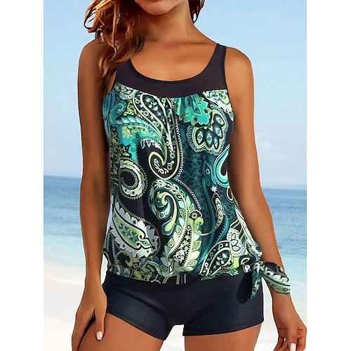 

Women's Swimwear Tankini 2 Piece Normal Swimsuit 2 Piece Modest Swimwear Floral Print Leaves Floral Black Blue Green Padded High Neck Bathing Suits Sports Vacation Beach Wear