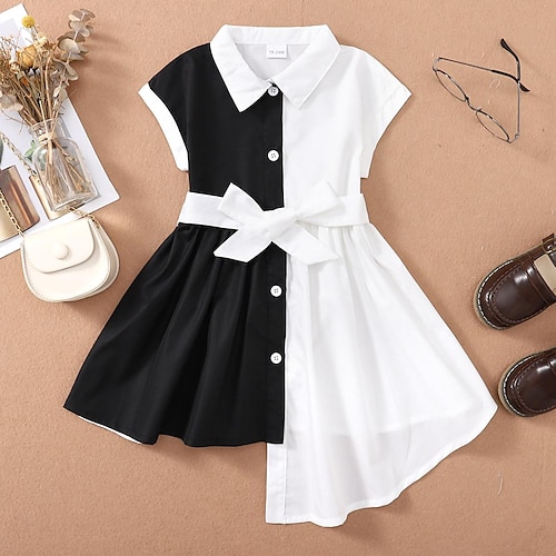 

Bambino Da ragazza Vestito Color Block Abito chemisier Sopra il ginocchio Vestito Esterno Colletto quadrato Manica corta Attivo Vestito 3-7 anni Estate Bianco