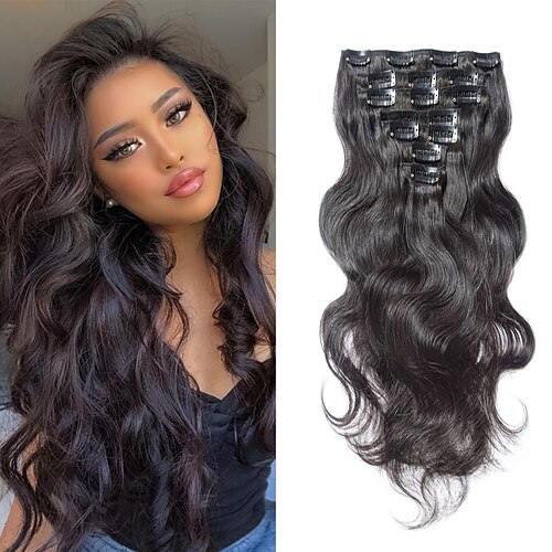 

clip in hair extensions remy human hair 7 stk one pack body wave natural black hair extensions