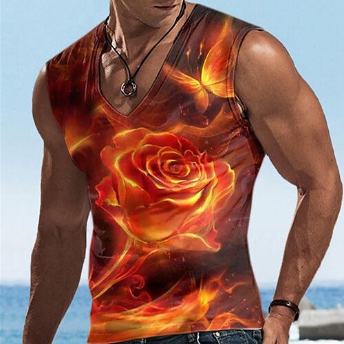 

Herre Vest Top Ærmeløs T-shirt til mænd Grafisk Blomst V-hals Tøj 3D-udskrivning Sport Løb Uden ærmer 3D-udskrivning Designer Afslappet Muskel