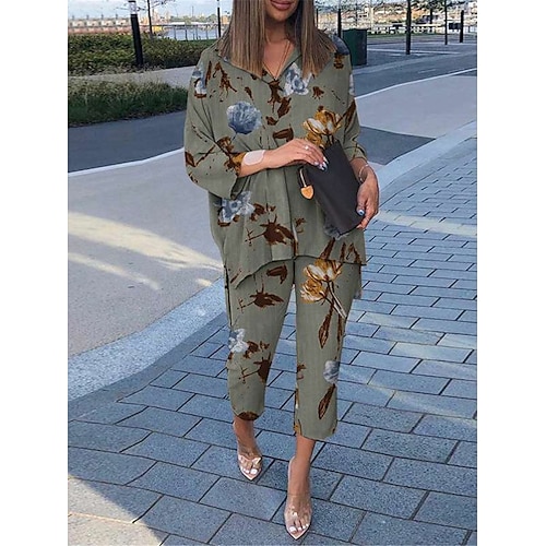 

Dame Loungewear Sæt Blomst Mode Afslappet Komfort Gade Daglig Stævnemøde Bomuld og linned Åndbart V-strop Halvlange ærmer T-shirt Bukse Sommer Forår militærgrøn Rød