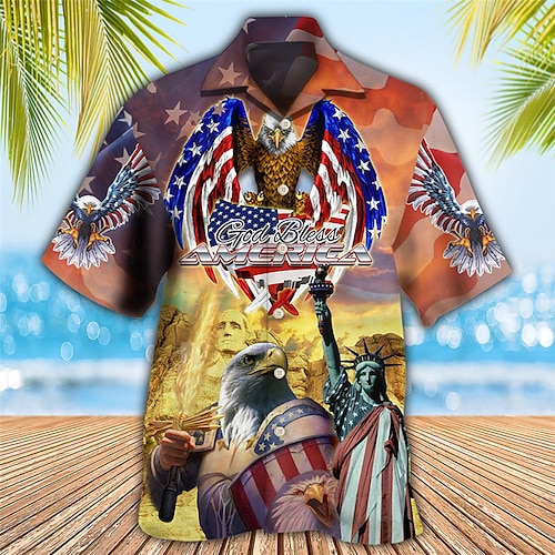 

Men's Shirt Summer Hawaiian Shirt Graphic Prints Eagle American Flag Cuban Collar Yellow Blue Dark Blue Outdoor Casual Short Sleeve Print Clothing Apparel Sports Fashion Streetwear Designer