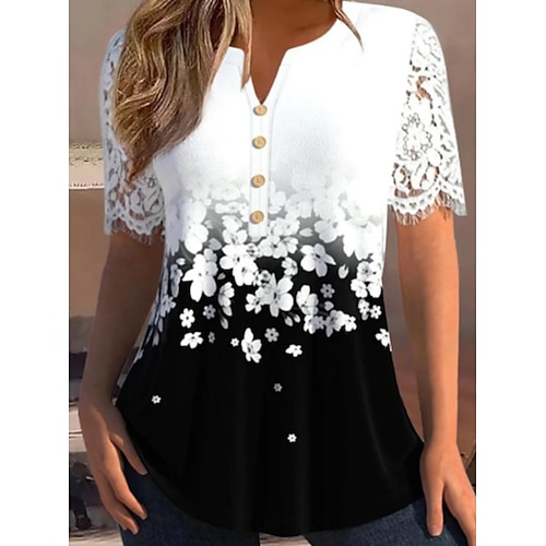 

Chemise Chemisier Femme Blanche Floral Dentelle Bouton Manche Courte Casual Vacances basique Col V Normal Standard Fleur S