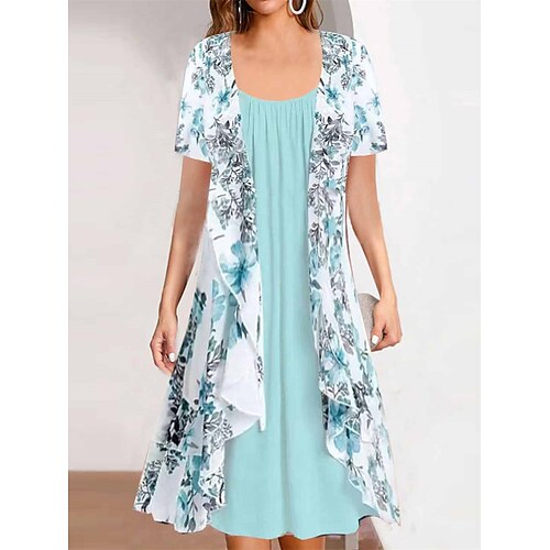 

Dame Todelt kjolesett Uformell kjole Chiffonkjoler Daglig Ferie Mote Moderne Trykt mønster Midikjole Crew-hals Kortermet Blomstret Normal Blå Sommer Vår S M L XL XXL