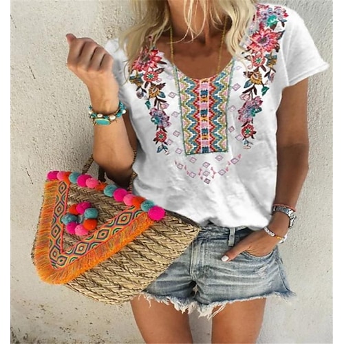 

Mujer Camiseta Blanco Azul Piscina Verde Trébol Floral Estampado Manga Corta Festivos Fin de semana Básico Escote en Pico Regular Flor Pintura S