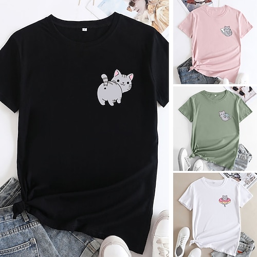 

Camiseta 100% de algodón para mujer, camiseta con estampado de gato rosa y rosa, manga corta, vacaciones diarias, básica, cuello redondo, gato normal 3xl