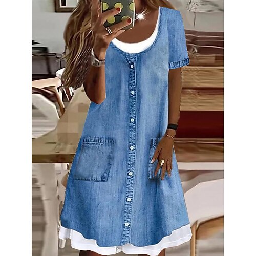 

Per donna Abiti di jeans Abito casual Vestito longuette Denim Di tendenza Moderno Esterno Giornaliero Da mare Stondata Pulsante Tasche Manica corta Estate Primavera 2023 Standard Blu Liscio S M L XL