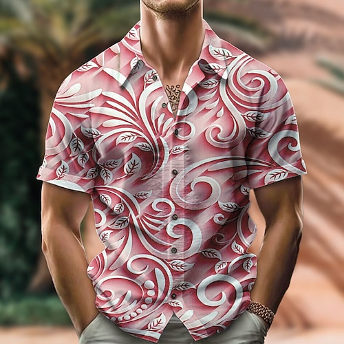 

Men's Shirt Floral Graphic Prints Cuban Collar Pink Outdoor Casual Short Sleeve Print Clothing Apparel Sports Fashion Streetwear Designer