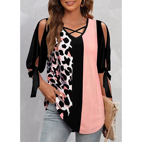 

Mulheres Camisa Social Blusa Branco Rosa Azul Leopardo Bloco de cor Com Corte Imprimir Manga Curta Casual Básico Decote V Padrão S