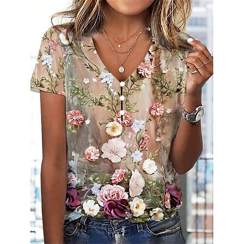 

Mulheres Camiseta Rosa Floral Botão Com Corte Manga Curta Feriado Final de semana Básico Decote V Padrão Tema Flores Pintura S