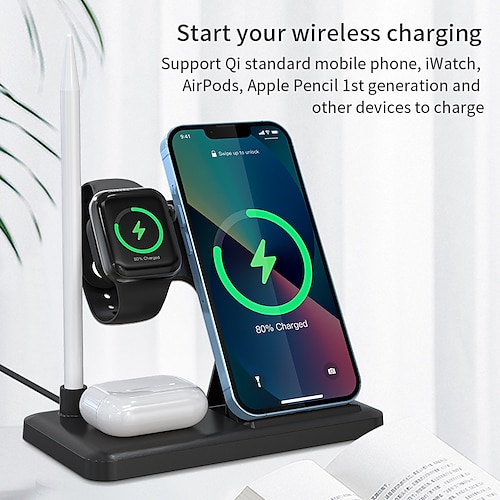 

Estación de carga 15 W Potencia de salida Estación de carga inalámbrica 4 en 1 para múltiples dispositivos Protección de seguridad Para Teléfono Móvil iPhone 13/13 mini/13 Pro/13 Pro Max AirPods 2