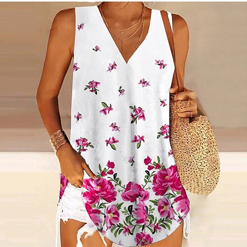 

Mujer Camiseta sin mangas Negro Blanco Amarillo Floral A Lunares Estampado Sin Mangas Casual Festivos Básico Escote en Pico Regular Flor S