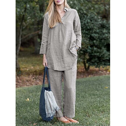 

Dame Plusstørrelser Loungewear Pyjamas top og bukser Sæt 2 Dele Ren farve Mode Afslappet Komfort Gade Stævnemøde Lufthavn Bomuld Åndbart Knaphul Langærmet Bukse Lomme Sommer Forår Blå Grøn