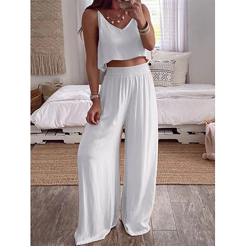 

Per donna loungewear Completi Colore puro Semplice Informale Comoda Strada Giornaliero Da mare Lino Traspirante Spacco a V Senza maniche Pantalone Vita elastica Estate Primavera Bianco Cachi