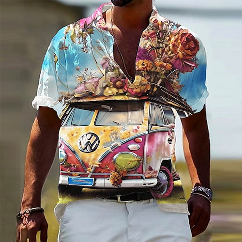 

Men's Shirt Summer Hawaiian Shirt Floral Graphic Prints Bus Turndown Blue Outdoor Casual Short Sleeve Print Clothing Apparel Sports Fashion Streetwear Designer