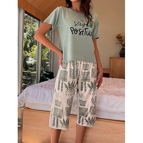 

Dame Loungewear Sæt 2 Dele Bogstaver Mode Afslappet Komfort Gade Daglig Stævnemøde Polyester Åndbart Rund hals Kortærmet Shorts Sommer Forår Lysegrøn Lysegrå