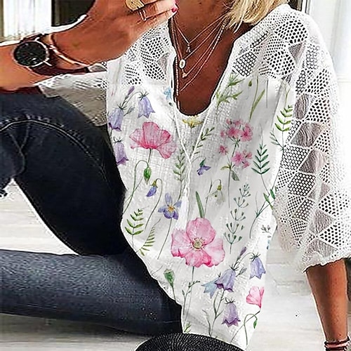 

Damen Hemd Bluse Gelb Rosa Blau Blumen mit Schnürung Spitze Halbe Ärmel Casual Festtage Basic V Ausschnitt Standard Blume S