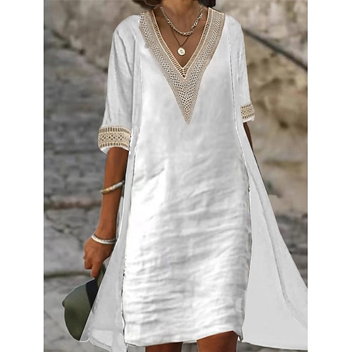 

Per donna Set di vestiti a due pezzi Abito in cotone e lino Abito casual Esterno Giornaliero Di tendenza Elegante Collage Vestito longuette A V Mezza manica Liscio Standard Bianco Estate Primavera S