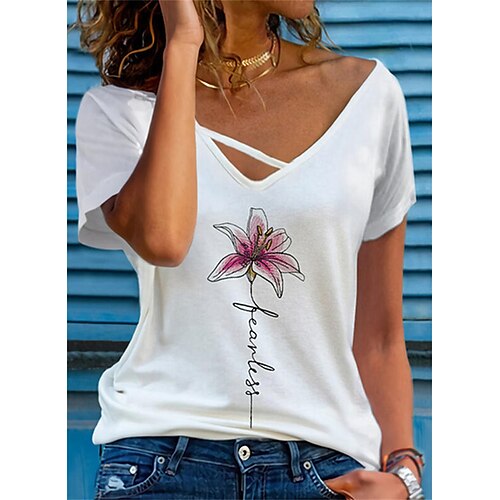 

Damen T Shirt Weiß Blumen Bedruckt Kurzarm Festtage Wochenende Basic V Ausschnitt Standard Blume Farbe S