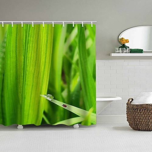 

cortina de ducha con ganchos para baño gotas en la hoja verde cortina de ducha conjunto de decoración de baño poliéster impermeable paquete de 12 ganchos de plástico