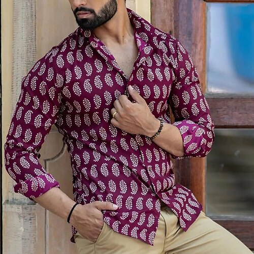 

Hombre Camisa Floral Estampados Cuello Vuelto Fucsia Exterior Calle Manga Larga Estampado Ropa Moda Ropa de calle Design Casual