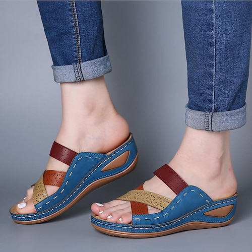 

Women's Sandals Wedge Sandals Plus Size Outdoor Slippers Daily Beach Wedge Heel Open Toe Elegant Casual Faux Leather Loafer Color Block Blue Purple Green