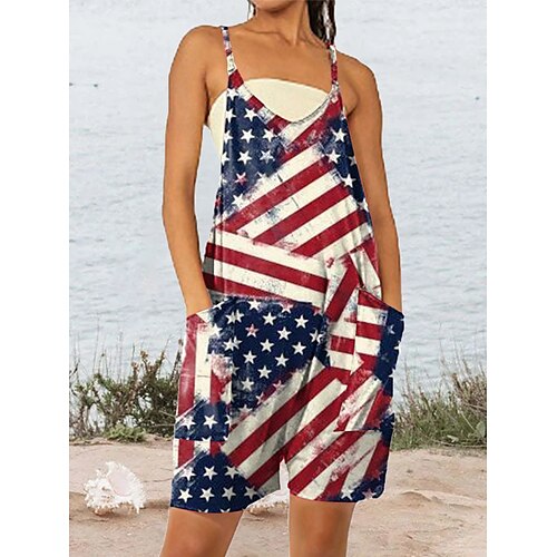 

Women's Romper Pocket Print National Flag V Neck Streetwear Daily Vacation Regular Fit Sleeveless White Wine Red S M L Summer