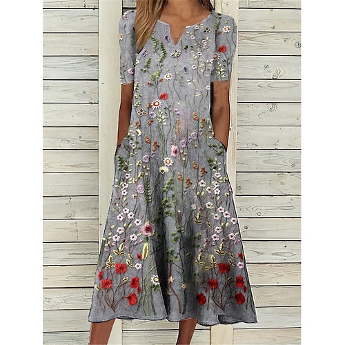 

Dame Afslappet påklædning A Linje Kjole Sommerkjole Blomstret Lomme Trykt mønster V-hals Midikjole Aktiv Mode udendørs Stævnemøde Kortærmet Regulær Hvid Grå Sommer Forår S M L XL XXL