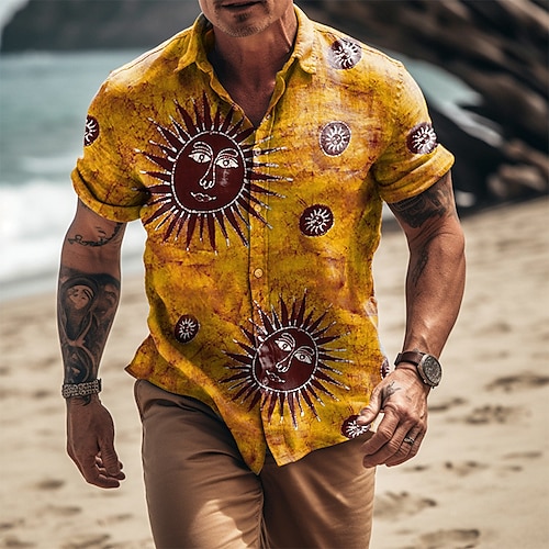 

Homens Camisa Social Camisas havaianas vintage Sol Estampas Abstratas Vintage Aberto para a Lateral Azul Laranja Verde Ao ar livre Rua Manga Curta Imprimir Roupa Moda Roupa de rua Designer Casual