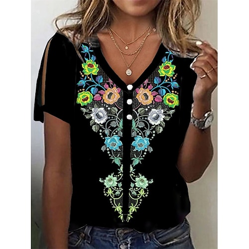 

Mujer Camiseta Negro Blanco Morado Floral Botón Cortado Manga Corta Festivos Fin de semana Básico Escote en Pico Regular Flor Pintura S