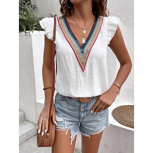 

Women's Shirt Black White Wine Plain Lace Ruffle Short Sleeve Holiday Going out Elegant V Neck S