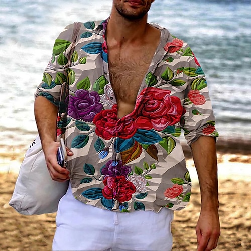 

Homens Camisa Social Camisa havaiana Floral Estampas Abstratas Aberto para a Lateral Cinzento Ao ar livre Rua Manga Longa Imprimir Roupa Moda Roupa de rua Designer Casual