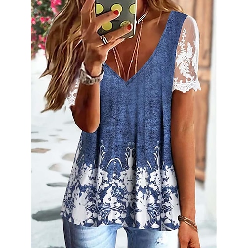 

Mulheres Camisa Social Blusa Branco Rosa Azul Floral Renda Imprimir Manga Curta Casual Feriado Básico Decote V Padrão Tema Flores S