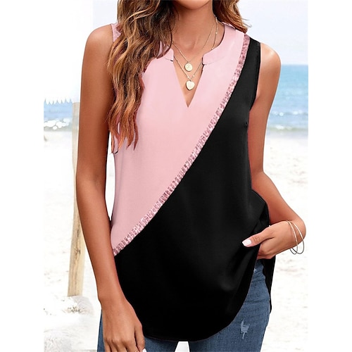 

Women's Tank Top Pink Color Block Sleeveless Casual Basic V Neck Regular S