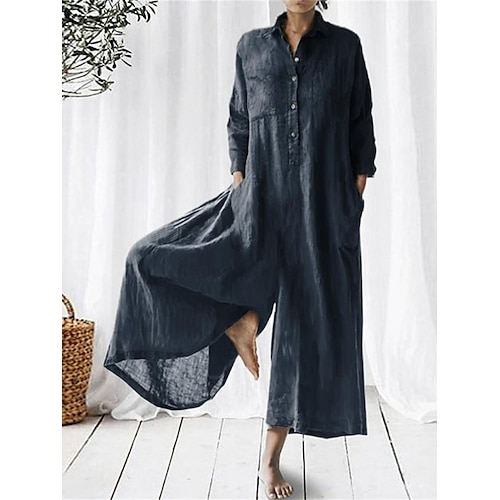 

Women's Jumpsuit Button Solid Color Shirt Collar Streetwear Street Daily Loose Fit Long Sleeve Pink Wine Blue S M L Summer