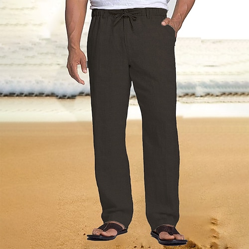Casual Men's Drawstring Straight Pants Loose Cotton Linen Trousers Beach  Pants