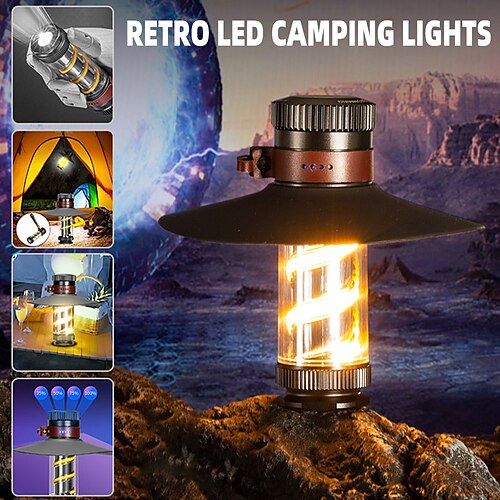 

retro led bærbar lanterne oppladbar lommelykt campinglys støtte trinnløst dimmes flere lysmoduser vanntett