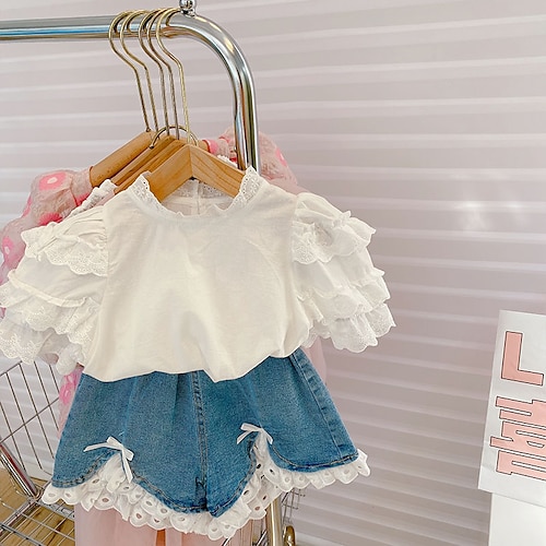 

2 Dele Baby Pige Helfarve Trøje & Shorts Sæt Kortærmet Aktiv Afslappet 3-7 år Sommer Hvid