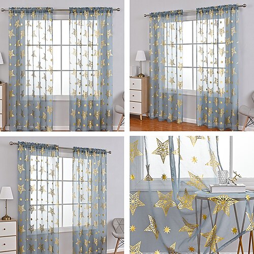 

Paneles de cortina transparentes con estrellas doradas, cortinas con ojales/ojetes para sala de estar, dormitorio, cortina de granja para cocina, balcón, puerta, ventana, tratamientos, oscurecimiento
