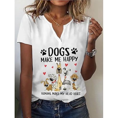 

T shirt Tee Femme Noir Blanche Rouge Chien Lettre Imprimer Manche Courte du quotidien Fin de semaine basique Col Rond Normal Standard Peinture S