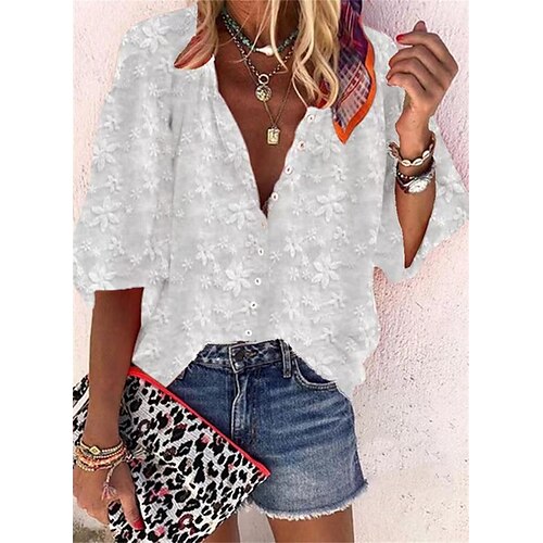 

Mulheres Camisa Social Blusa Branco Floral Botão Meia Manga Casual Básico Decote V Padrão Algodão Tema Flores S